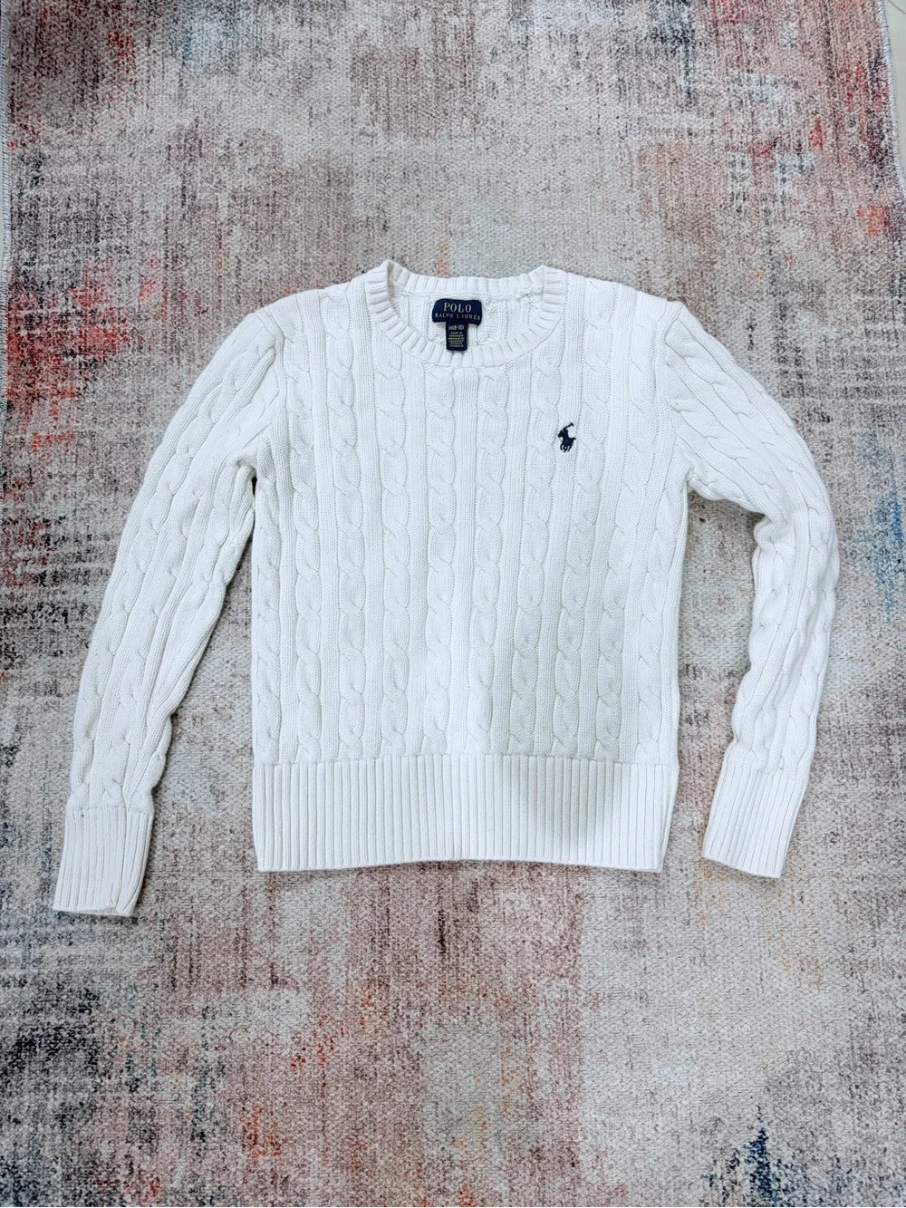Ralph Lauren Girls' Cream Cable Crewneck Sweater with Navy Pony - Picture 3 of 8